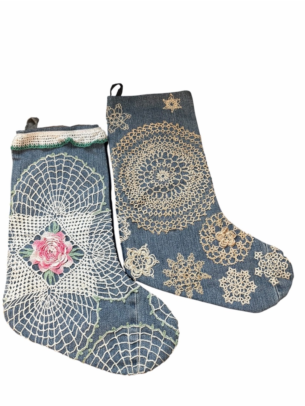 Handmade Denim Christmas Stockings Crochet Doily Appliqué Set of 2